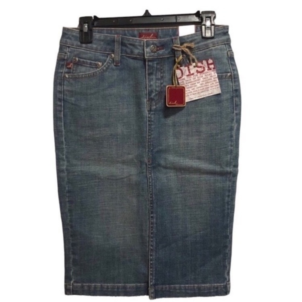 Dish Denim “Jane Dean” Slit Front Midi Denim Skirt